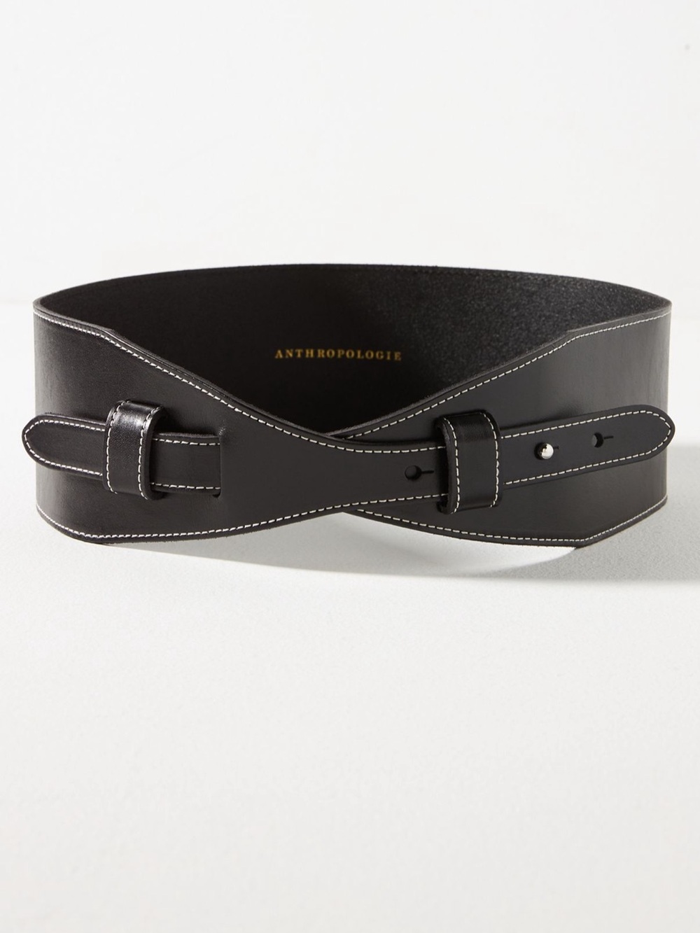 Anthropologie Black Wide Leather Waist Cinch Belt with Contrast Stitching